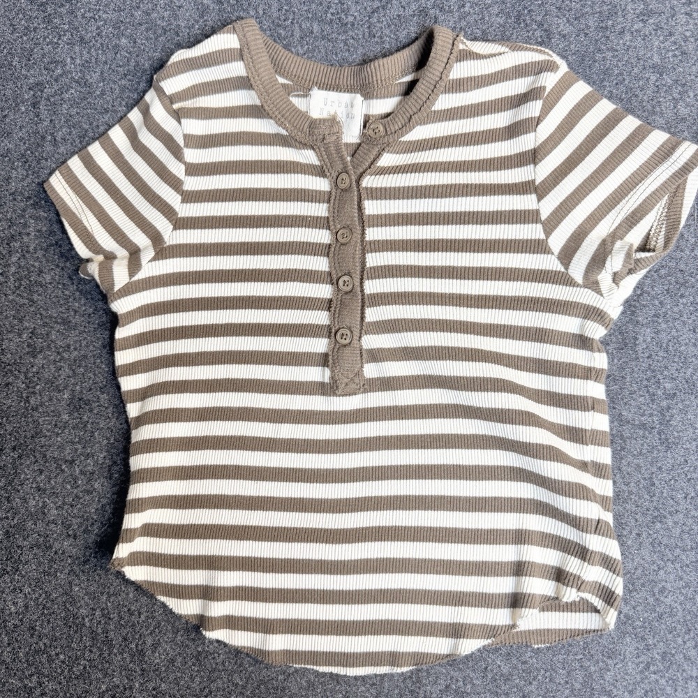 Urban Nation Women Brown Cream Striped Ribbed Henley Top Short Sleeve Size XS